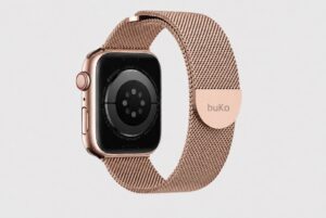 Rose gold Velour stainless steel magnetic Apple Watch band by Buko with Milanese mesh design