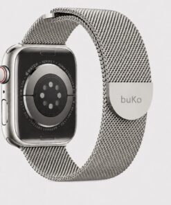 Silver Velour stainless steel magnetic Apple Watch band by Buko with polished mesh finish