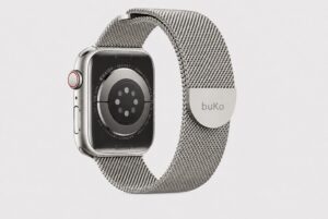 Silver Velour stainless steel magnetic Apple Watch band by Buko with polished mesh finish