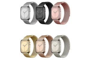 six colours of velour stainless steel magnetic Apple Watch bands by buKo.