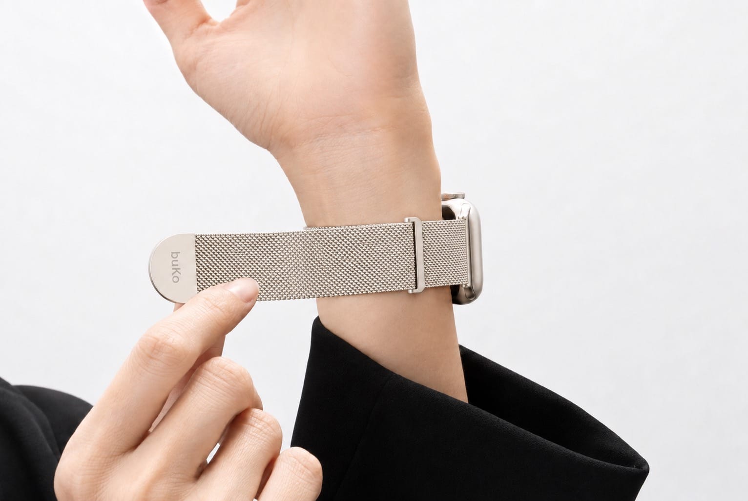 Starlight Velour stainless steel mesh Apple Watch band by Buko worn on wrist