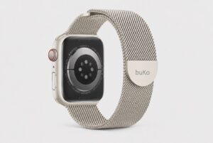Starlight Velour stainless steel magnetic Apple Watch band by Buko with soft champagne finish