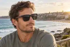 Man wearing black Avoca polarised sunglasses with wooden temples by the coast