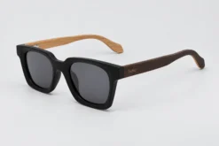 Black Avoca square polarised sunglasses with dark wooden temples and engraved buKo logo