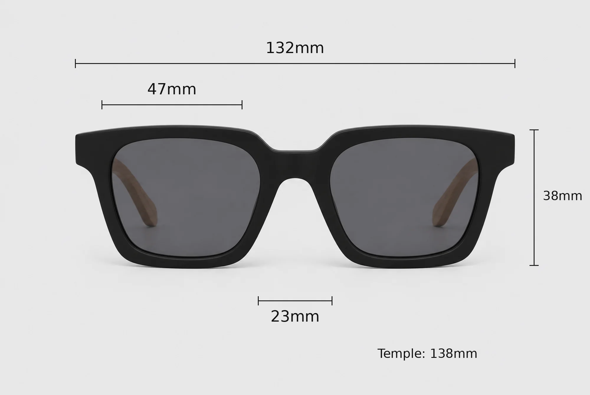Avoca sunglasses dimensions: 132 mm frame width, 47 mm lens width, 23 mm bridge, 38 mm lens height and 138 mm temples