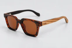 Tortoiseshell Avoca square sunglasses with brown polarised lenses and natural wood temples