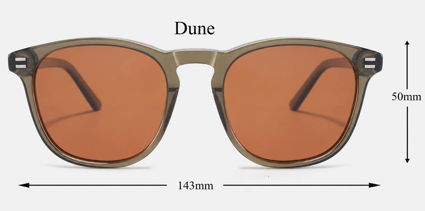 diagram showing the dimensions of dune sunglasses