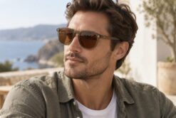 Man wearing Buko Dune sunglasses in translucent olive green with brown polarised lenses and gold logo detail.