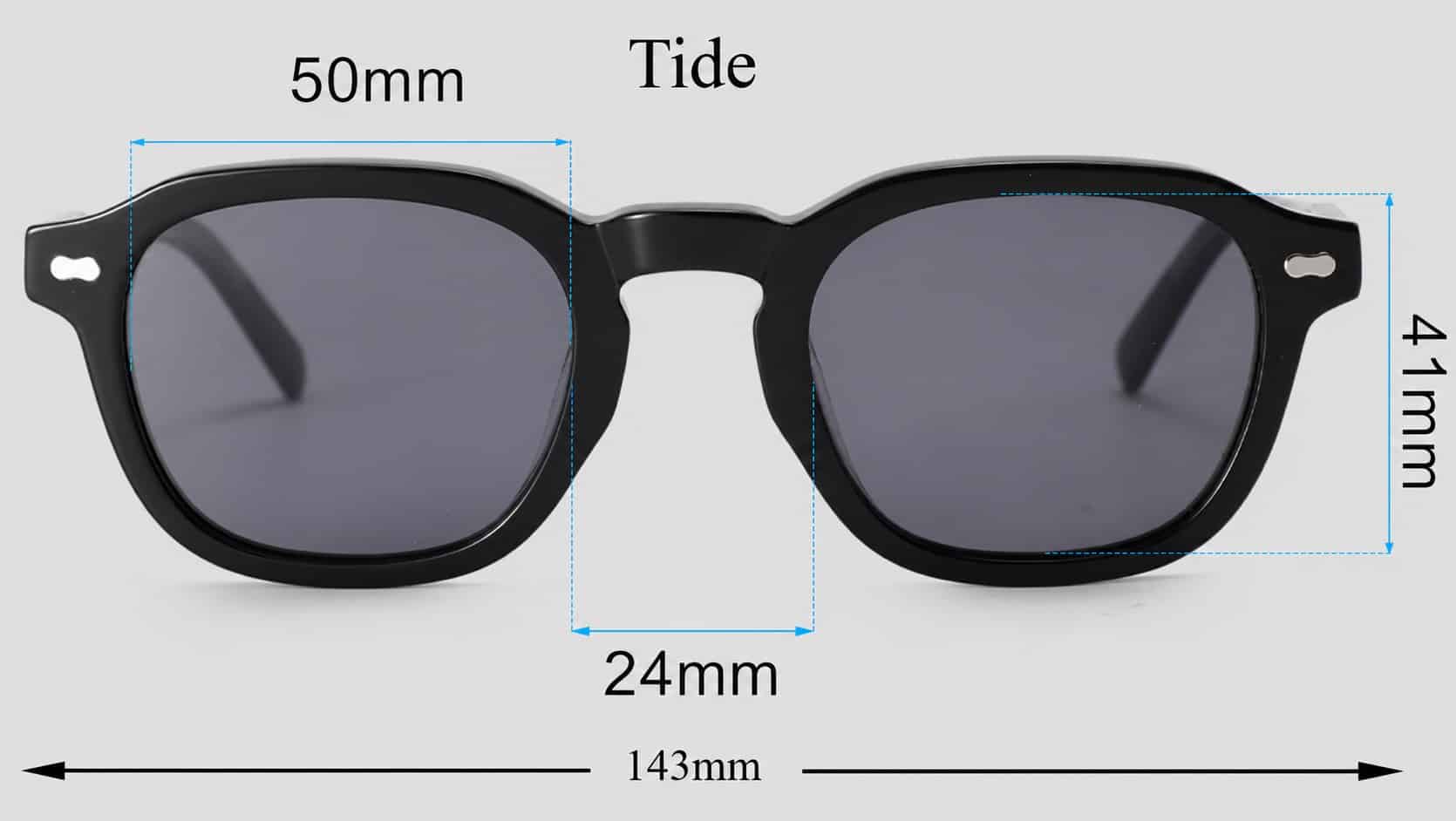 Buko Tide sunglasses size guide showing 50mm lens width, 41mm height, 24mm bridge and 143mm frame width